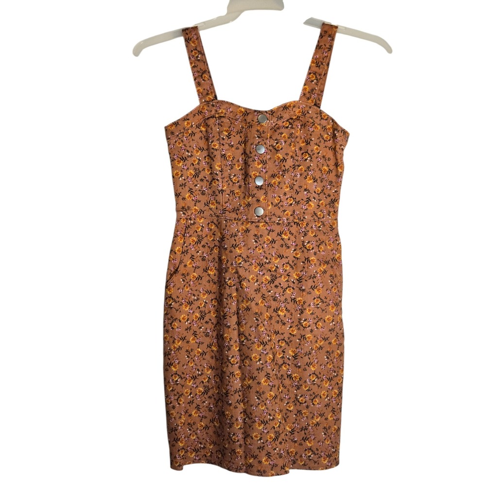 No Boundaries Floral Mini Dress Rust Orange Denim Style Button Front Small 3-5